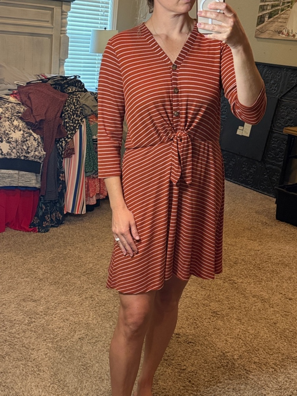 H&M Rust and White Striped Tie-Front Mini Dress
